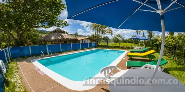 Piscina y zonas verdes de finca campestre en Calarcá, con zona de descanso