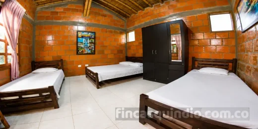 Habitación múltiple con camas y acabados en madera en Finca Montenegro Pitaya, Montenegro, Quindío