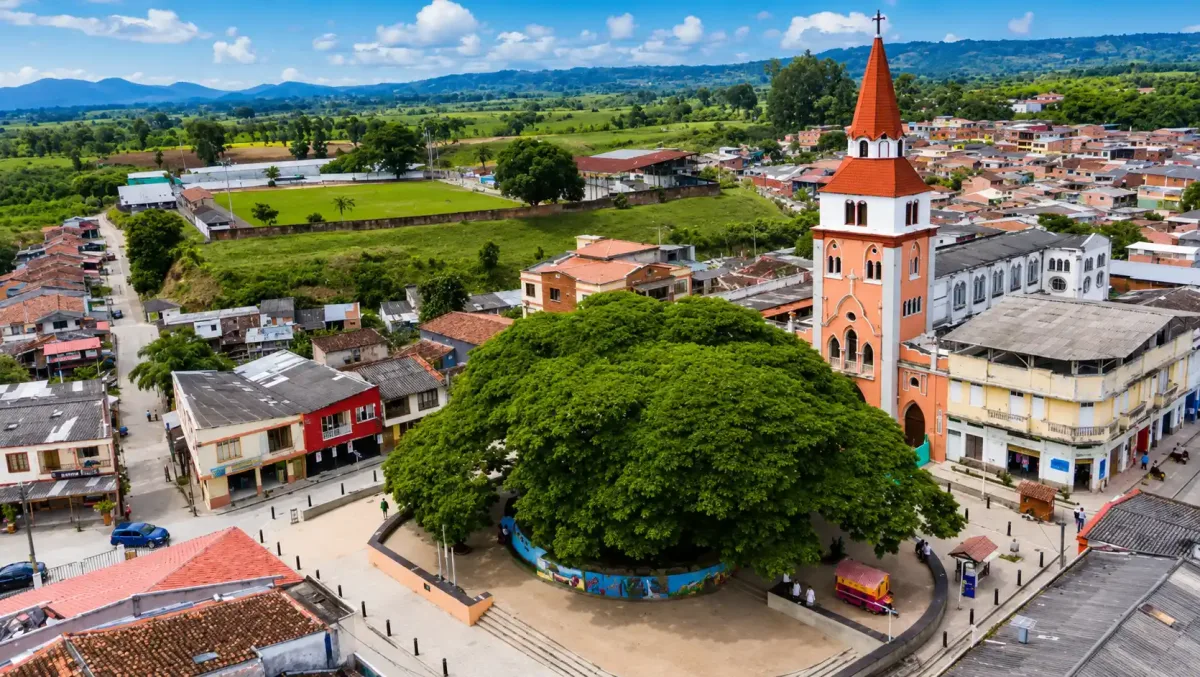 Vista aérea de la plaza principal de Alcalá con el templo parroquial y el samán