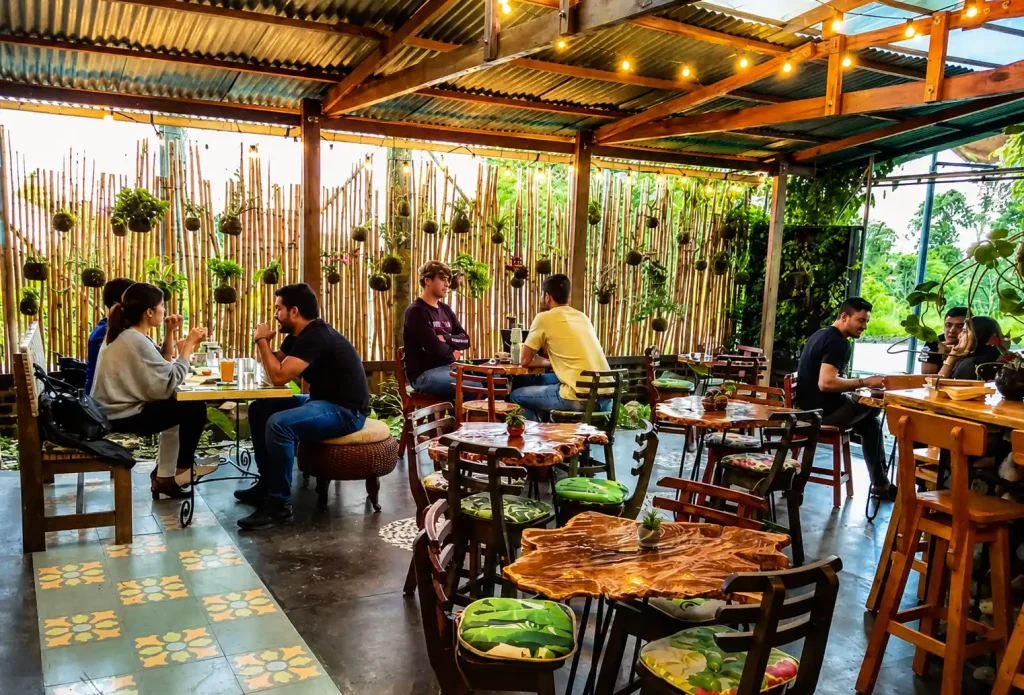 Visitantes entre mesas de madera y plantas colgantes en Kokedama Tienda Café de Armenia