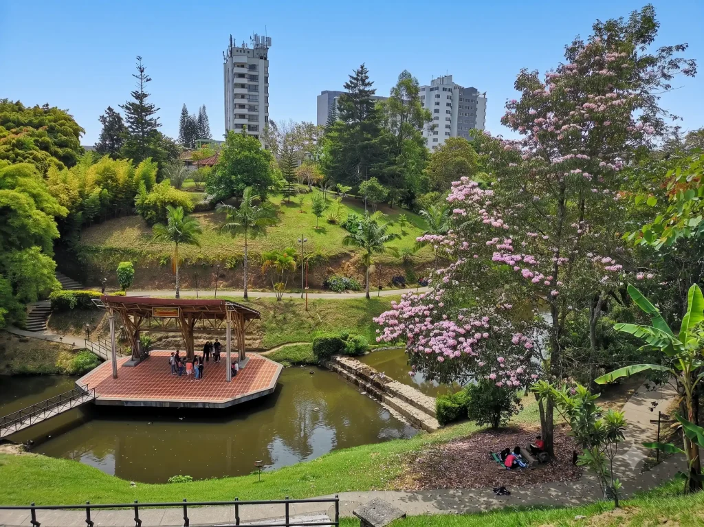 Lago, senderos, árboles floridos y zona verde del Parque de la Vida en Armenia
