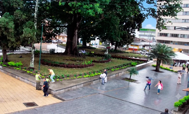 Árboles, jardines y espacio peatonal del Parque Sucre en el centro de Armenia