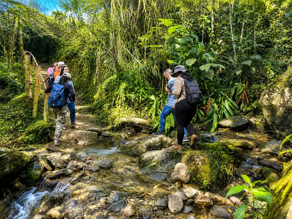 Grupo de visitantes cruzando una quebrada durante un sendero del Ecoparque Peñas Blancas