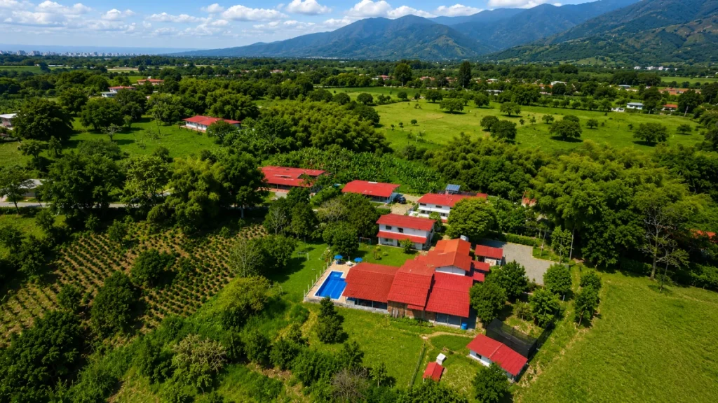 Vista aérea de un conjunto campestre con piscina y paisaje cafetero en Calarcá