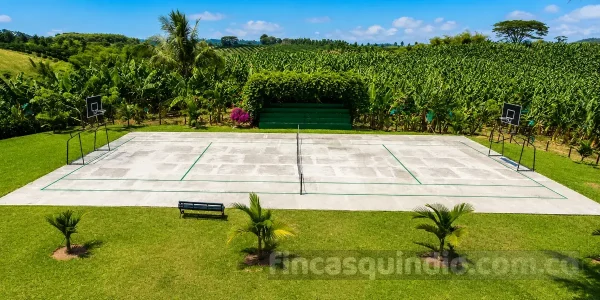 Cancha múltiple con tableros de baloncesto y malla de tenis en Finca Alcalá Almendro