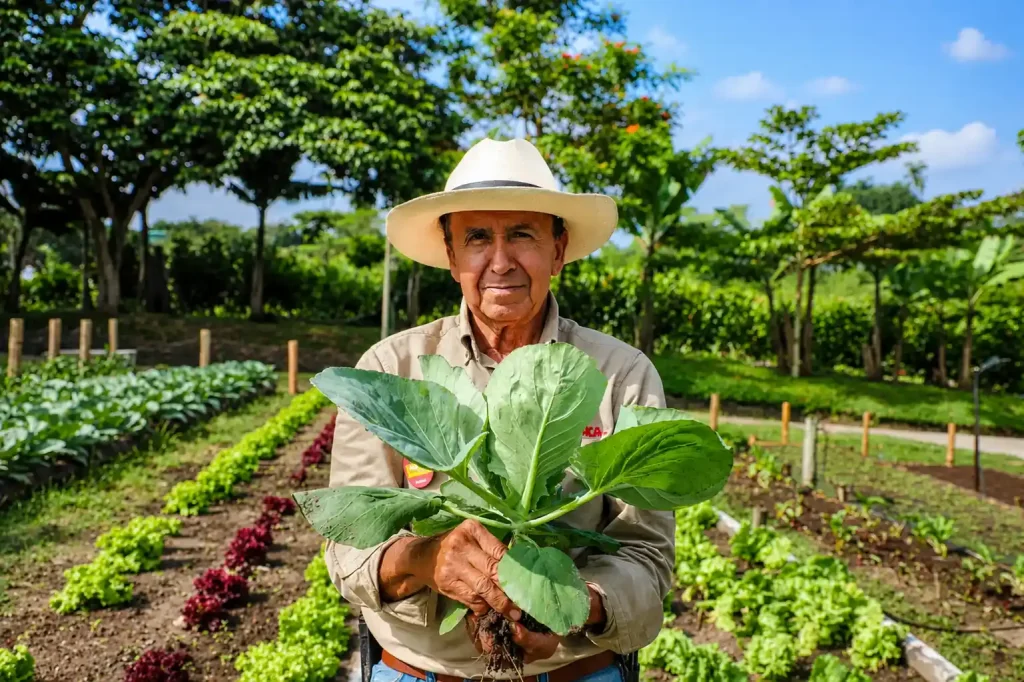 Trabajador de PANACA mostrando una hortaliza recién cosechada en la huerta