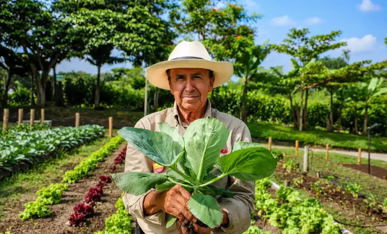 Trabajador de PANACA mostrando una hortaliza recién cosechada en la huerta