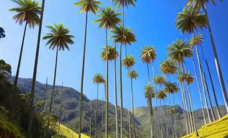Palmas de cera altas sobre las laderas verdes del Valle de Cocora en Salento