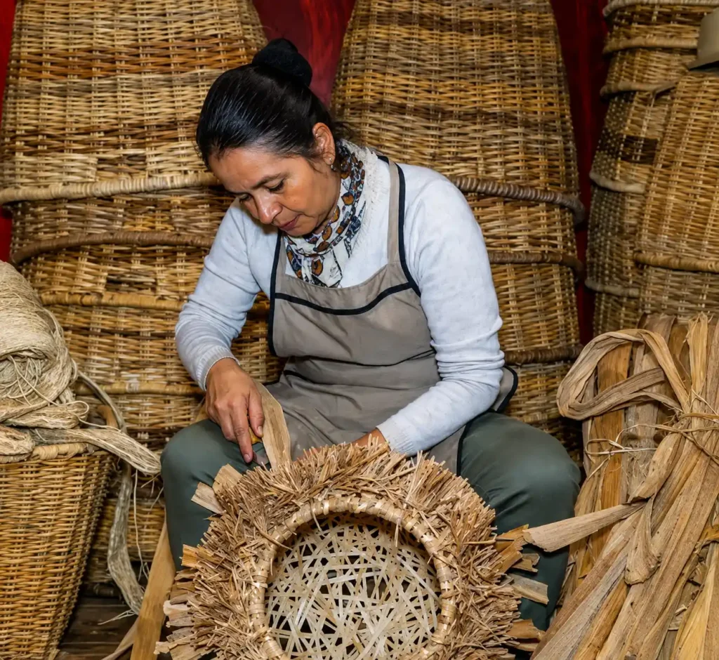 Artesana elaborando una pieza de cestería entre canastos de fibras naturales