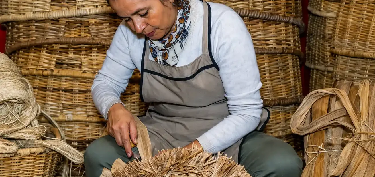 Artesana elaborando una pieza de cestería entre canastos de fibras naturales