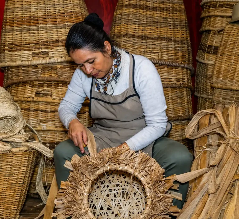 Artesana elaborando una pieza de cestería entre canastos de fibras naturales